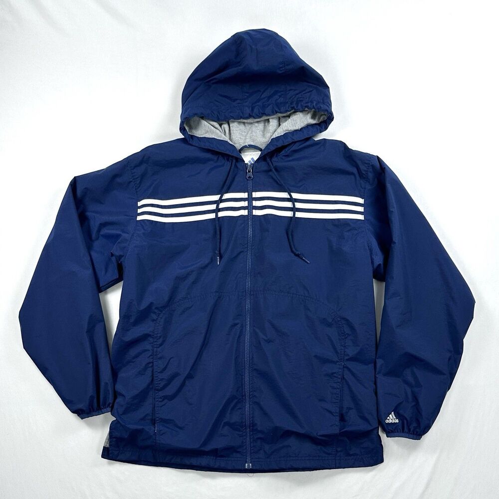 Vintage Adidas Windbreaker Jacket Mens XL Navy Blue Full Zip Hooded 3 Stripe Y2K